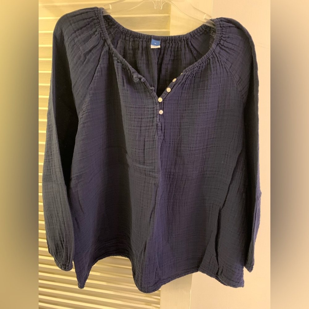 Old Navy Double Weave Cotton Peasant Poet Top Shirt Blouse, Size XL, Navy Blue